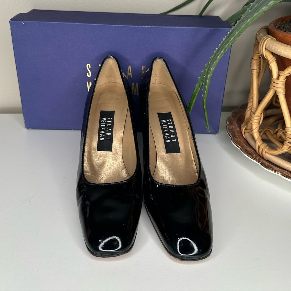 VTG Stuart Weitzman Lex Black Patent Leather Pumps 7.5 AA Block Heel Square Toe - Picture 3 of 15